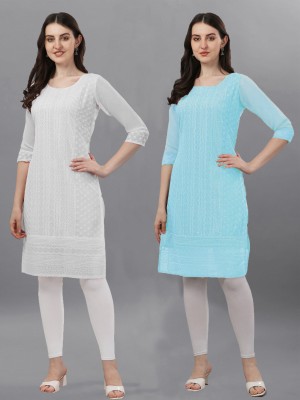 ZAZADIYA ENTERPRISE Women Chikan Embroidery Straight Kurta(White, Light Blue)