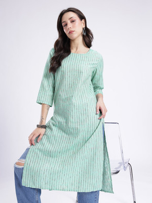 Anouk Rustic Women Striped Straight Kurta(Green)