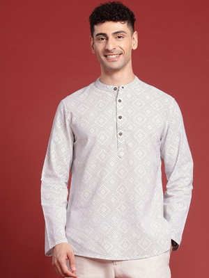 ANOUK Men Geometric Print Straight Kurta(White)