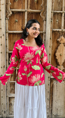 hibiki Women Floral Print Straight Kurta(Pink)