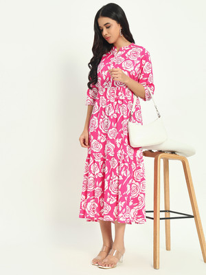 HRDAYA Women Floral Print Flared Kurta(Pink)
