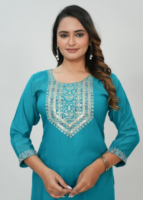 Elvya Women Embroidered Straight Kurta(Blue)