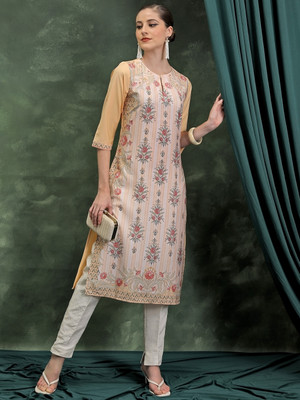 KETCH Women Embroidered Straight Kurta(Yellow)