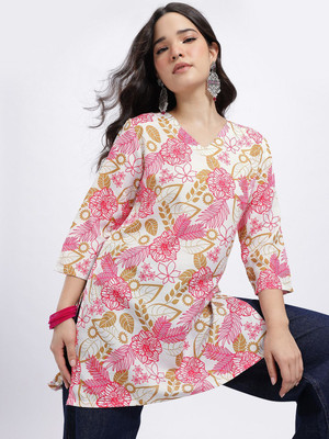 Anouk Rustic Women Printed Straight Kurta(White, Pink)