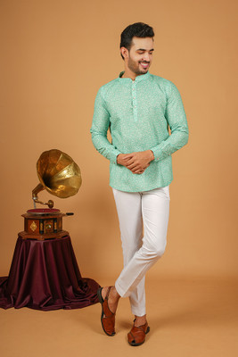 SHUBH HO Men Geometric Print A-line Kurta(Light Green)