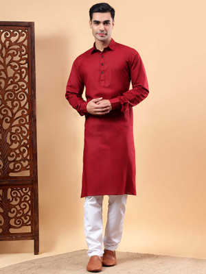 Yugnik Men Solid A-line Kurta(Red)