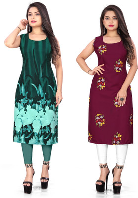 tanvi creation Women Floral Print Straight Kurta(Green, Maroon)