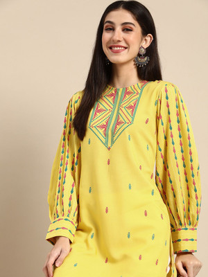 ANOUK Women Embroidered Straight Kurta(Yellow)