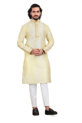 GUPTA TRENDZ Men Embroidered Straight Kurta(Beige)