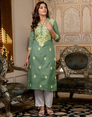 Anmi Chikan Embroidery Women Straight Kurta(Green)