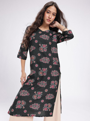Anouk Rustic Women Floral Print Straight Kurta(Black)