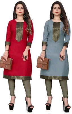 Maaa Meladi CreationS Women Solid Straight Kurta(Grey, Red)