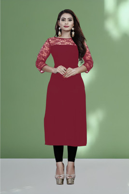 Maheshvi Women Solid, Embroidered Straight Kurta(Maroon)