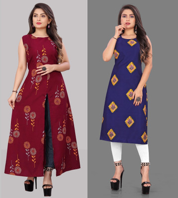Hiral Creation Women Printed, Striped Straight Kurta(Maroon, Blue)