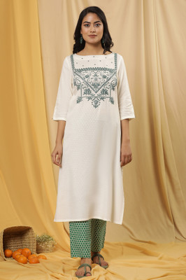 W Women Solid Straight Kurta(White, Green)