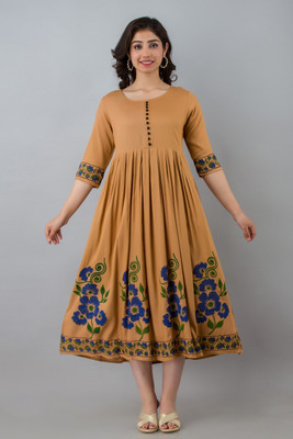 CLOTHING HOUSE Women Printed Flared Kurta(Beige)