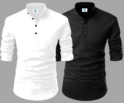 Fashion Marts Men Solid, Self Design Straight Kurta(White, Black)