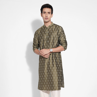 Indus Route by Pantaloons Men Printed Straight Kurta(Green)