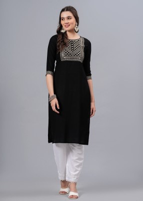 NEW4U Women Embroidered Straight Kurta(Black)