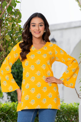 SOLIVAGANT Women Floral Print Flared Kurta(Yellow)