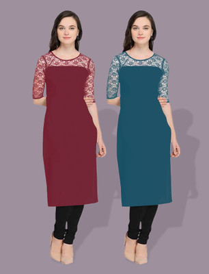 Maheshvi Women Self Design Straight Kurta(Blue, Maroon)
