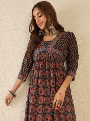 Indo Era Women Printed A-line Kurta(Black)