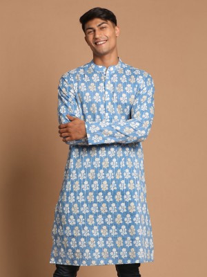 VASTRAMAY Men Embellished, Embroidered, Floral Print Straight Kurta(Blue)