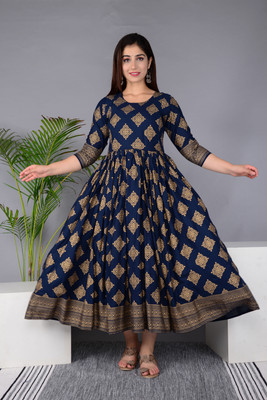 Rangeelo Jaipur Women Floral Print Flared Kurta(Blue)