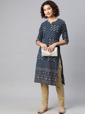 v tradition Women Block Print Straight Kurta(Blue)