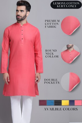 LEMONX Men Solid Straight Kurta(Pink)