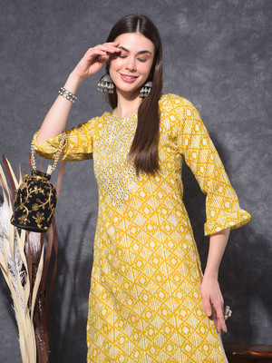 Mamoose Women Self Design Ethnic Dress Kurta(Yellow)
