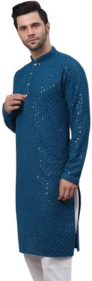 DHASU TRENDZ Men Chikan Embroidery Straight Kurta(Blue)