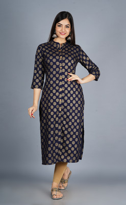 BADTHUNIA FAB Women Printed Straight Kurta(Blue)
