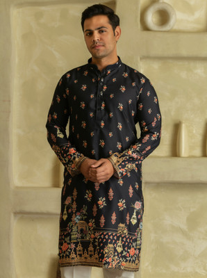 LEMONX Men Printed Straight Kurta(Black)