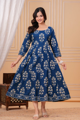 JIVANSH FAB Women Printed Anarkali Kurta(Blue)
