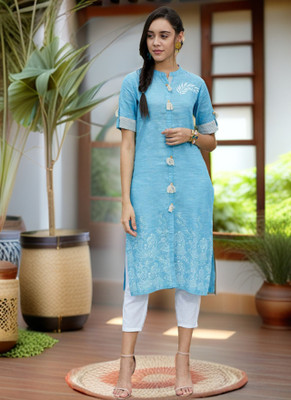 PANNKH Women Printed Straight Kurta(Light Blue, White)