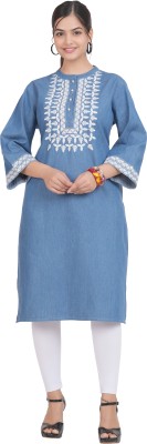 Hi Fashion Women Embroidered A-line Kurta(Light Blue, White)