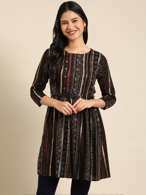 SHOWOFFFF Women Printed A-line Kurta(Black)