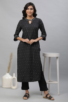 Aurelia Women Striped Straight Kurta(Black)