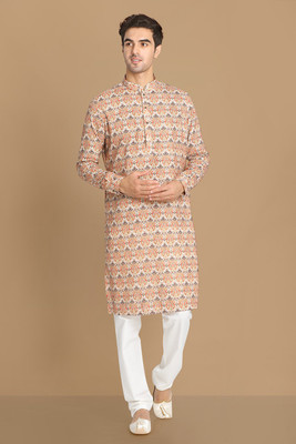 MANYAVAR Men Printed Straight Kurta(Orange)