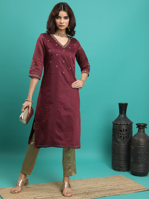 Vishudh Women Solid Straight Kurta(Maroon)