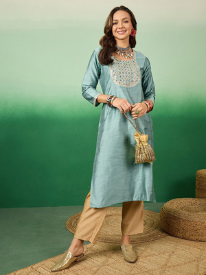 Sangria Women Solid Straight Kurta(Blue)