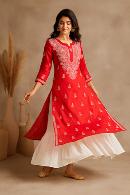 VELORA Women Embroidered A-line Kurta(Red)