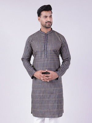 Aurik Men Checkered Straight Kurta(Black)
