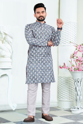 S AND S ENTRTPRISE Men Printed Straight Kurta(Grey)