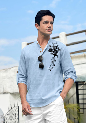 ZIRPIX Men Printed Straight Kurta(Light Blue)