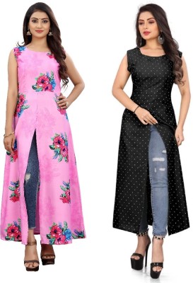 maruti fab Women Floral Print Frontslit Kurta(Black)