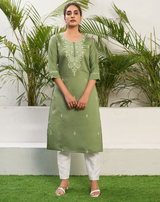 Anmi Chikan Embroidery Women Straight Kurta(Green)