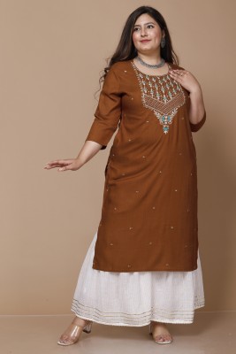 extra inch Women Embroidered Straight Kurta(Brown)