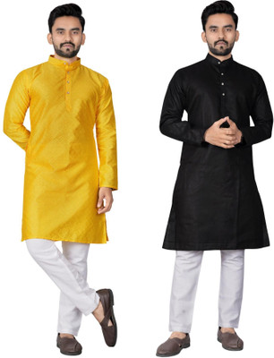 DHASU TRENDZ Men Solid Straight Kurta(Black, Yellow)